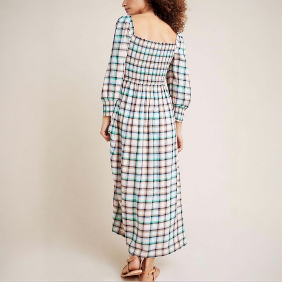 Anthropologie Maeve Cerie Smocked Plaid Maxi Dress Boho Square Neck Size Large - Picture 4 of 14